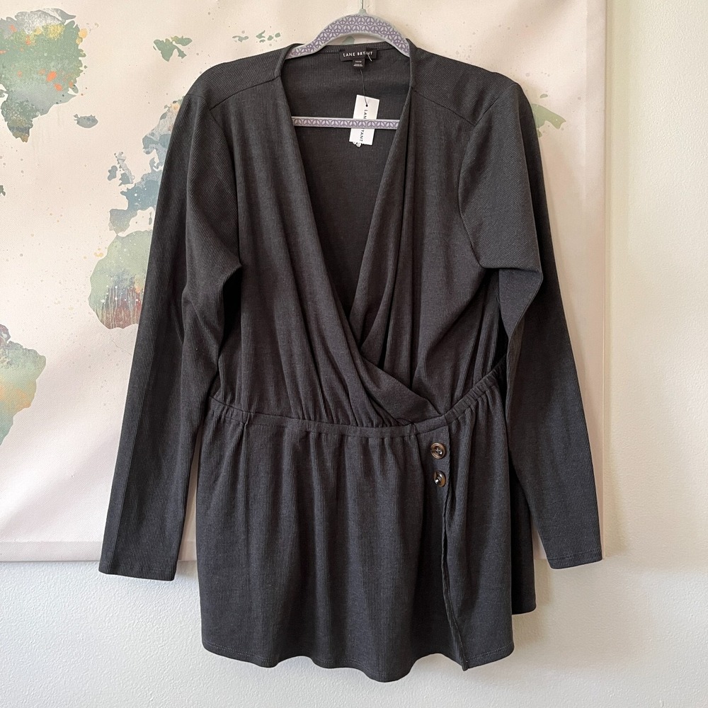 Lane Bryant Top Size 14/16 Surplice Neck Micro Ribbed Charcoal Gray NWT